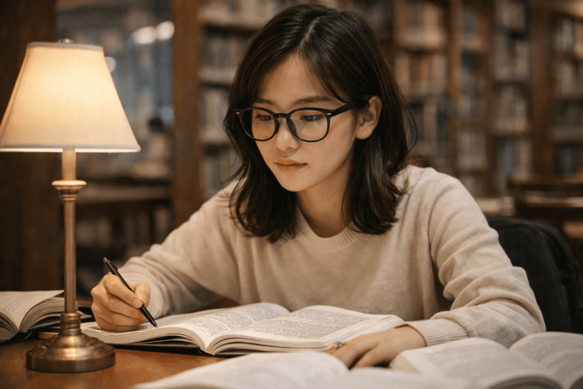 Korean student wearing black frame glasses studying at a library desk, warm lamp light, korean glasses fashion