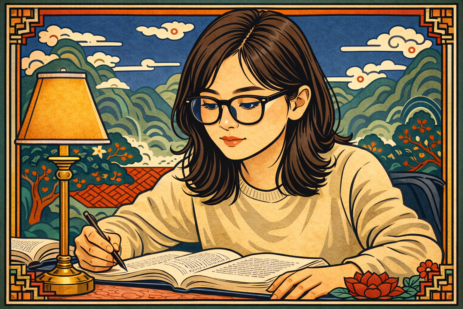 Korean minhwa style illustration of a student wearing black frame glasses studying at a desk, korean glasses fashion