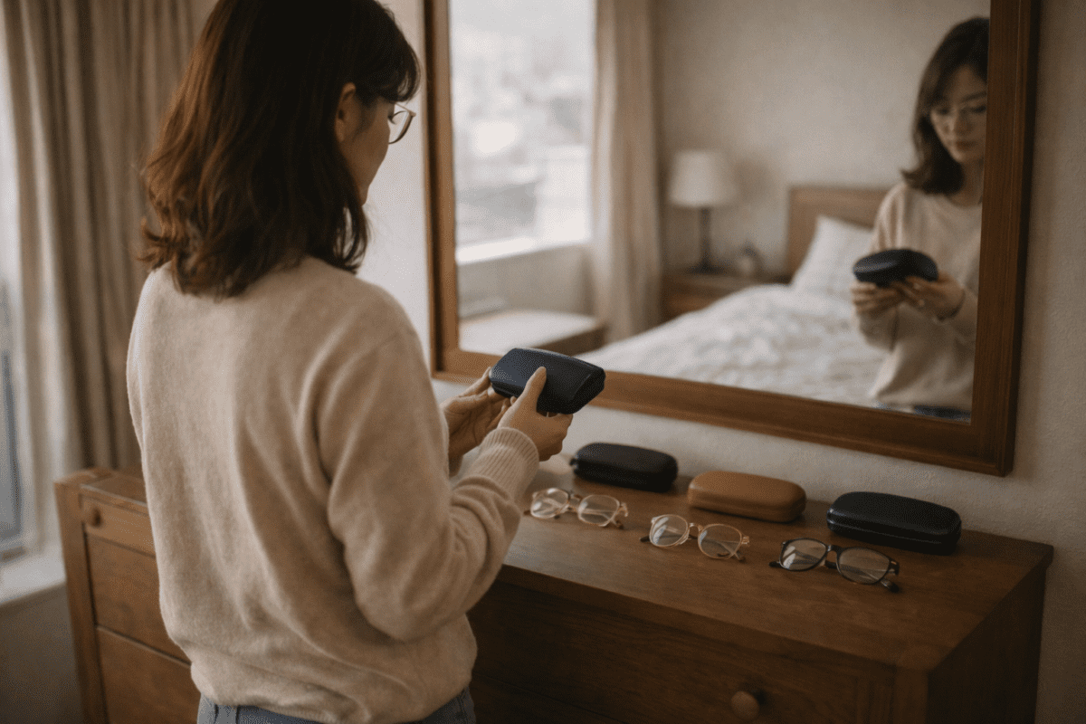 Korean woman choosing between multiple glasses cases on a dresser, different frames for different roles, korean glasses fashion