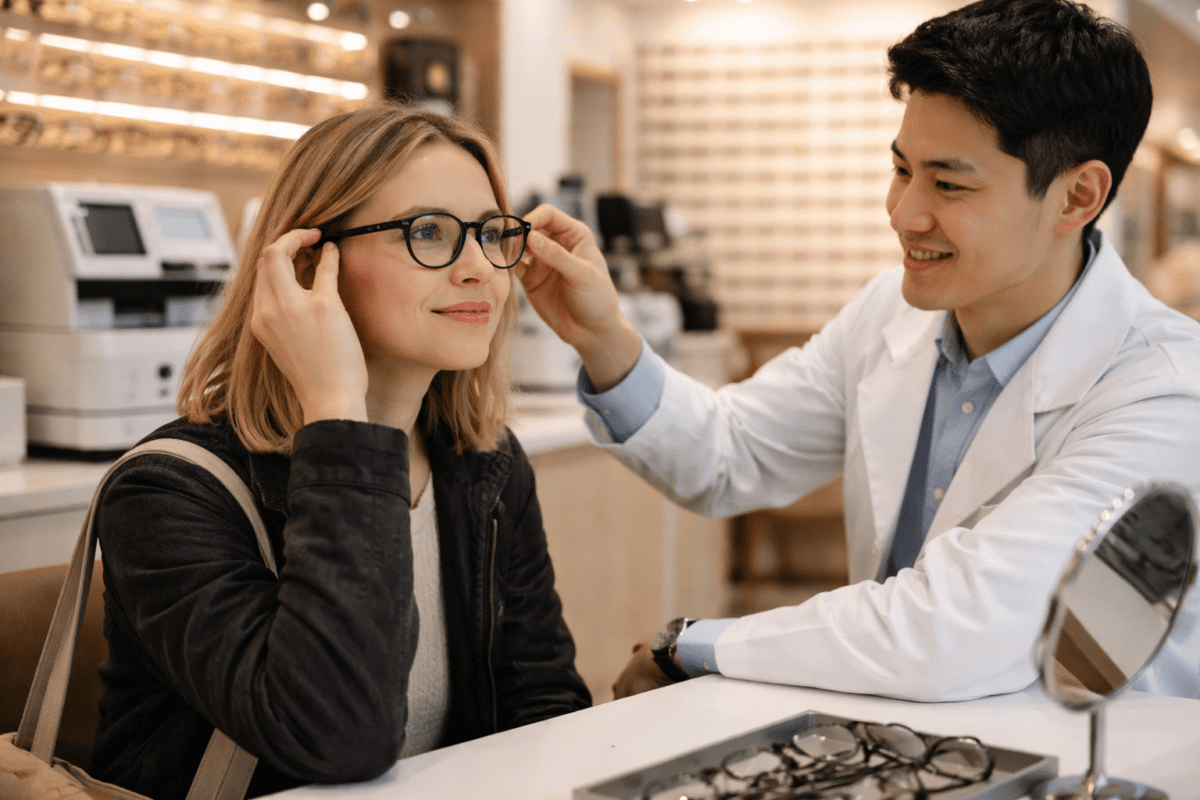 Korean optician fitting glasses on a Western woman at an optical shop counter in Seoul, same day glasses service