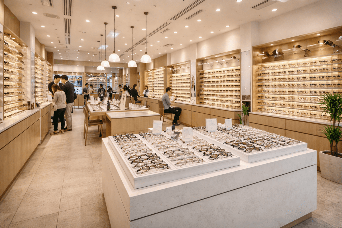 Interior of a Korean optical shop with hundreds of frames on display, customers browsing, buying glasses in Korea