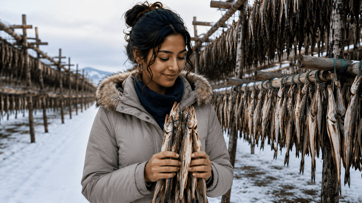 Woman holding dried pollock at a snowy Gangwon drying yard lined with racks, the fish used in Korean hangover soup