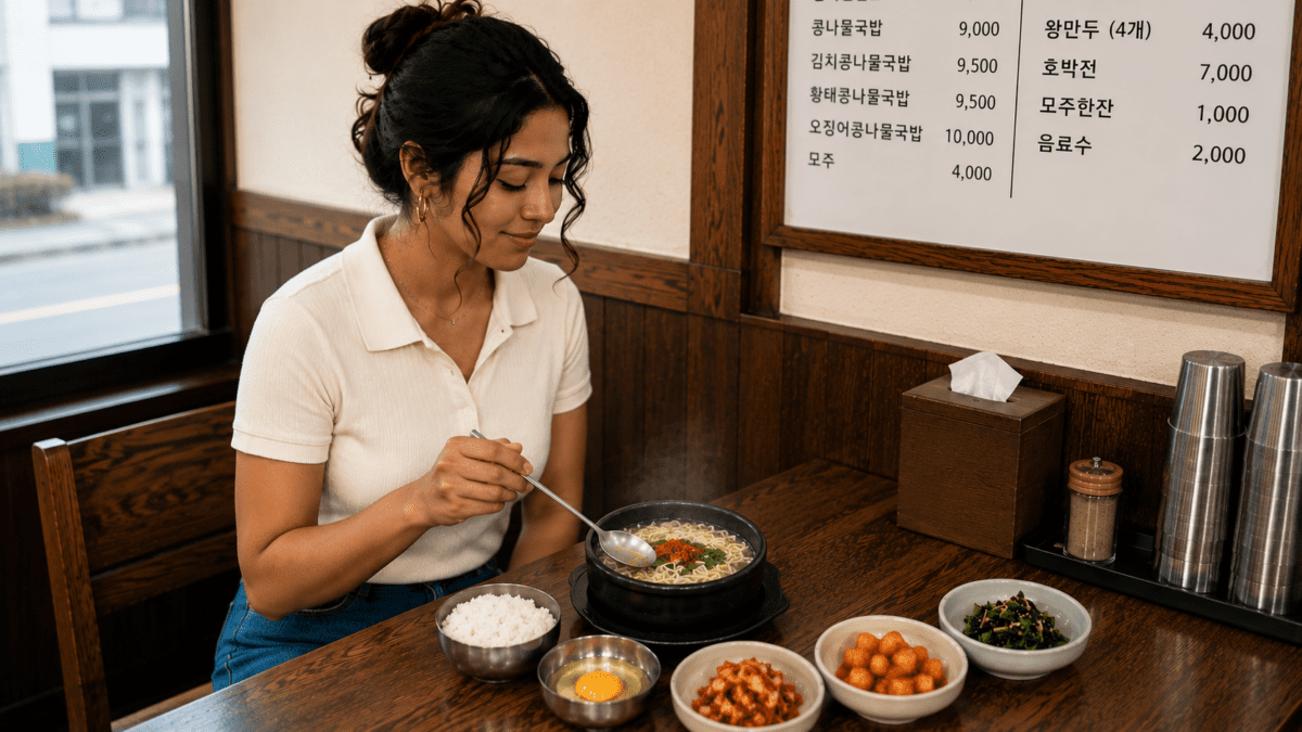 Woman lifting a spoonful of Jeonju bean sprout soup at a small restaurant, Korean hangover soup served with rice and side dishes