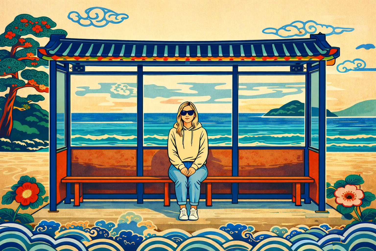 Korean hangover soup — minhwa style illustration of Gangwon East Sea