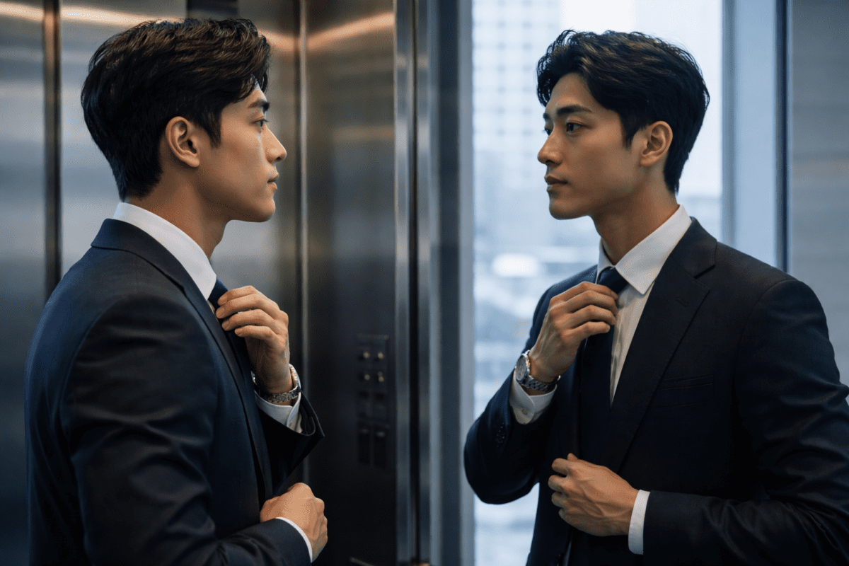 Korean man adjusting his tie in mirror before interview, representing Korean men and makeup military discipline
