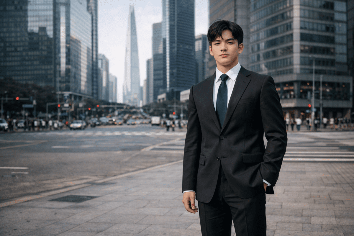 Korean man in modern Seoul city, representing Korean masculinity redefined and global influence
