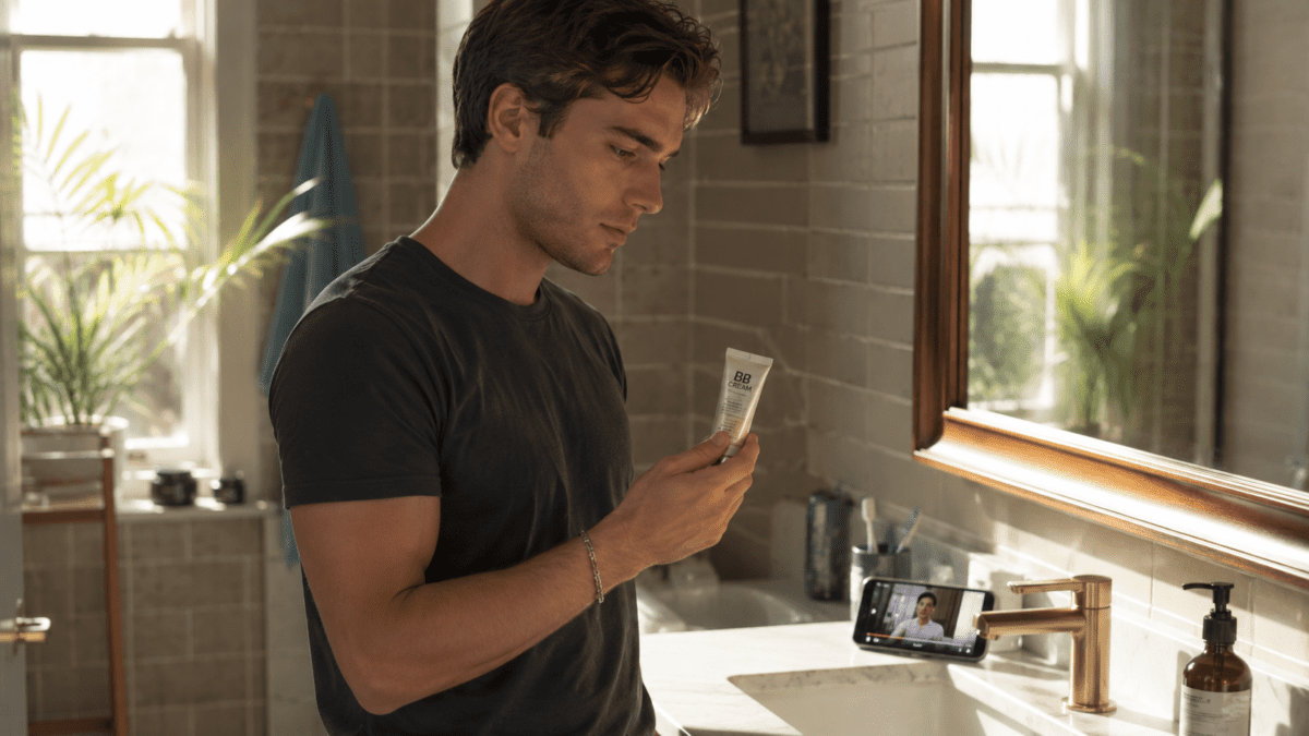 Korean masculinity redefined — Western man examining a BB cream tube in his bathroom while watching a tutorial video