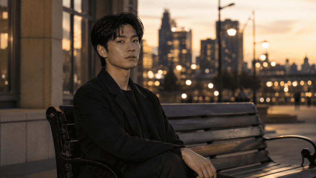 Korean masculinity redefined — Korean man in dark tailored suit sitting on a city bench at dusk