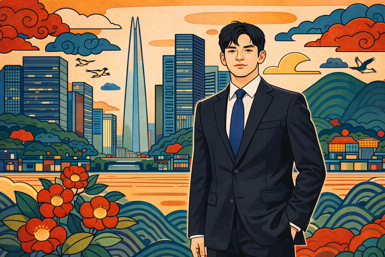 Korean man in Seoul minhwa style illustration, representing Korean masculinity redefined and global influence