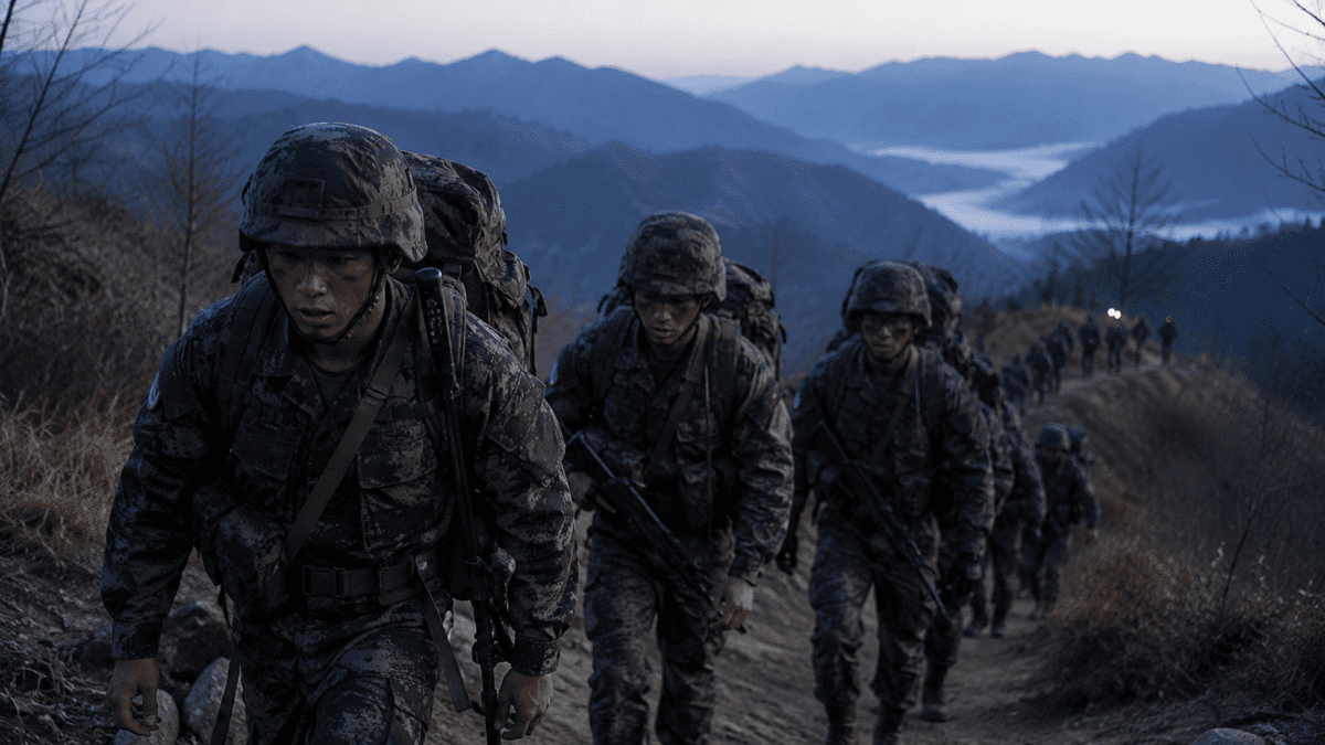 Soldiers conducting a mountain route march at dawn, full gear carried along a misty ridgeline trail.