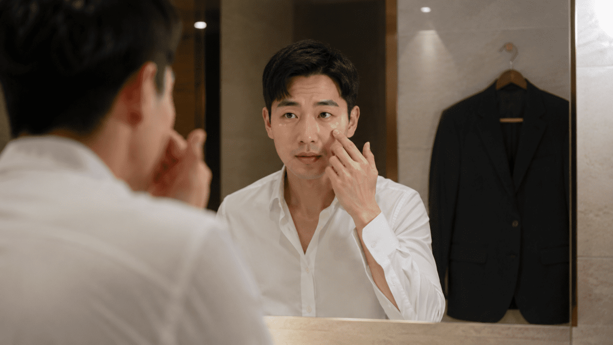 Man applying under-eye concealer while looking in a mirror before work, Korean male makeup starting the day.