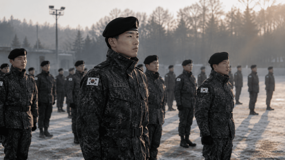 Soldiers standing in formation at dawn in black berets, Korean male makeup and military discipline in the same body.