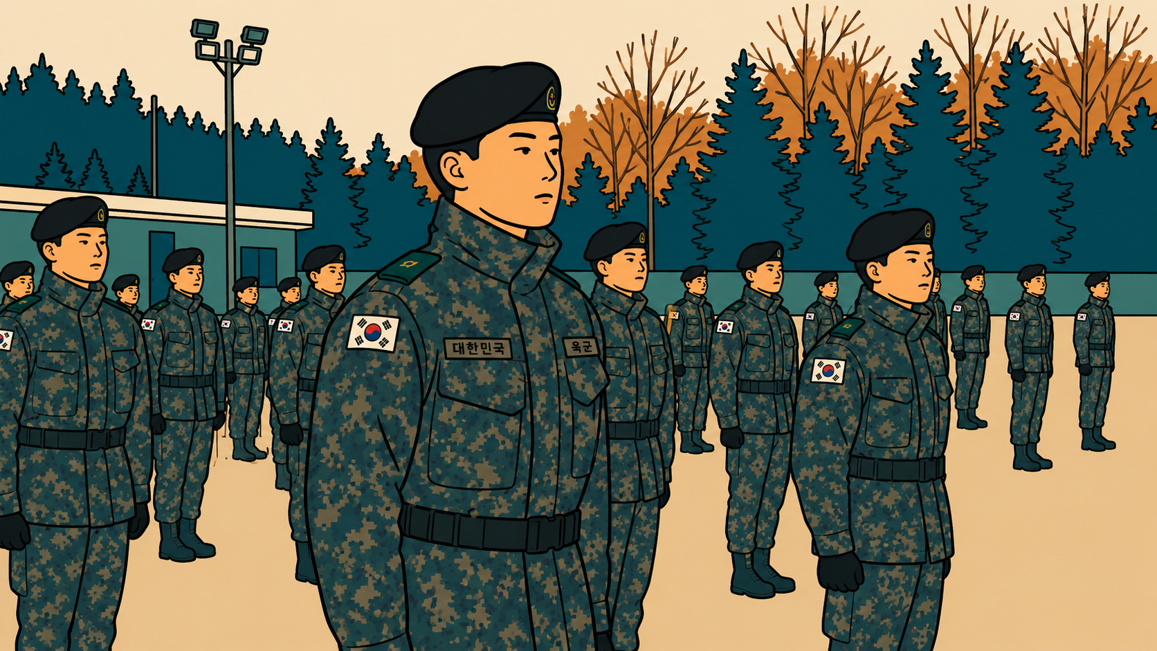 Modern Minhwa-style illustration of South Korean soldiers in black berets standing in formation on a military training ground, reflecting discipline, military culture, and Korean men's appearance standards.