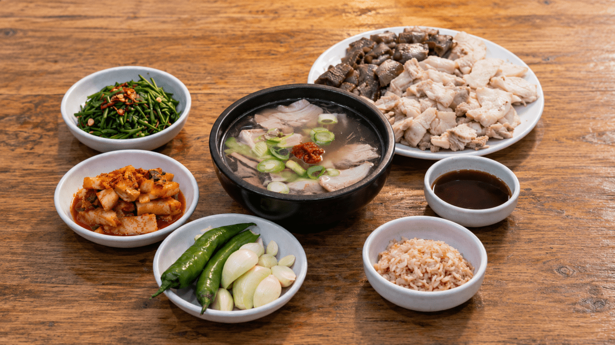Bowl of Korean pork soup surrounded by side dishes including kkakdugi, raw chili, garlic, rice, and sliced pork plate