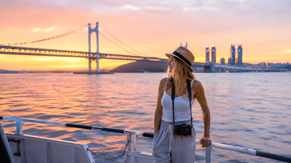 Woman watching Busan's Gwangan Bridge at sunset from a boat, the harbor view tied to Korean pork soup's coastal origins