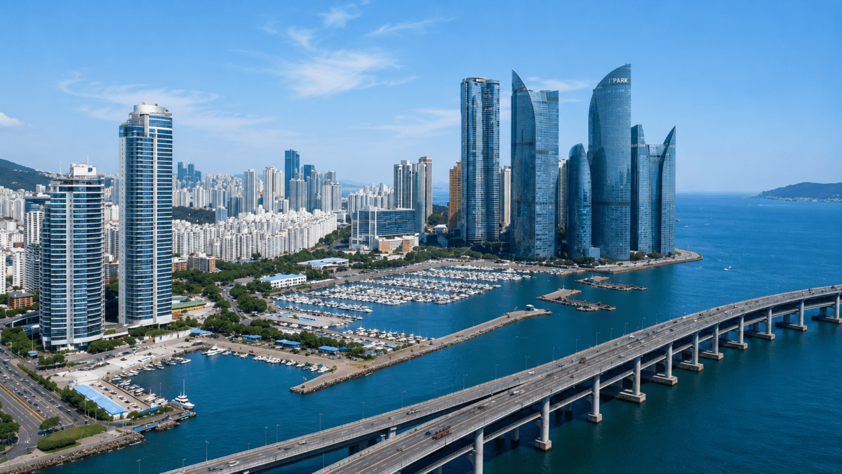 Aerial view of Busan's Haeundae skyline with bridges and marina, the coastal city behind Korean pork soup's origin story