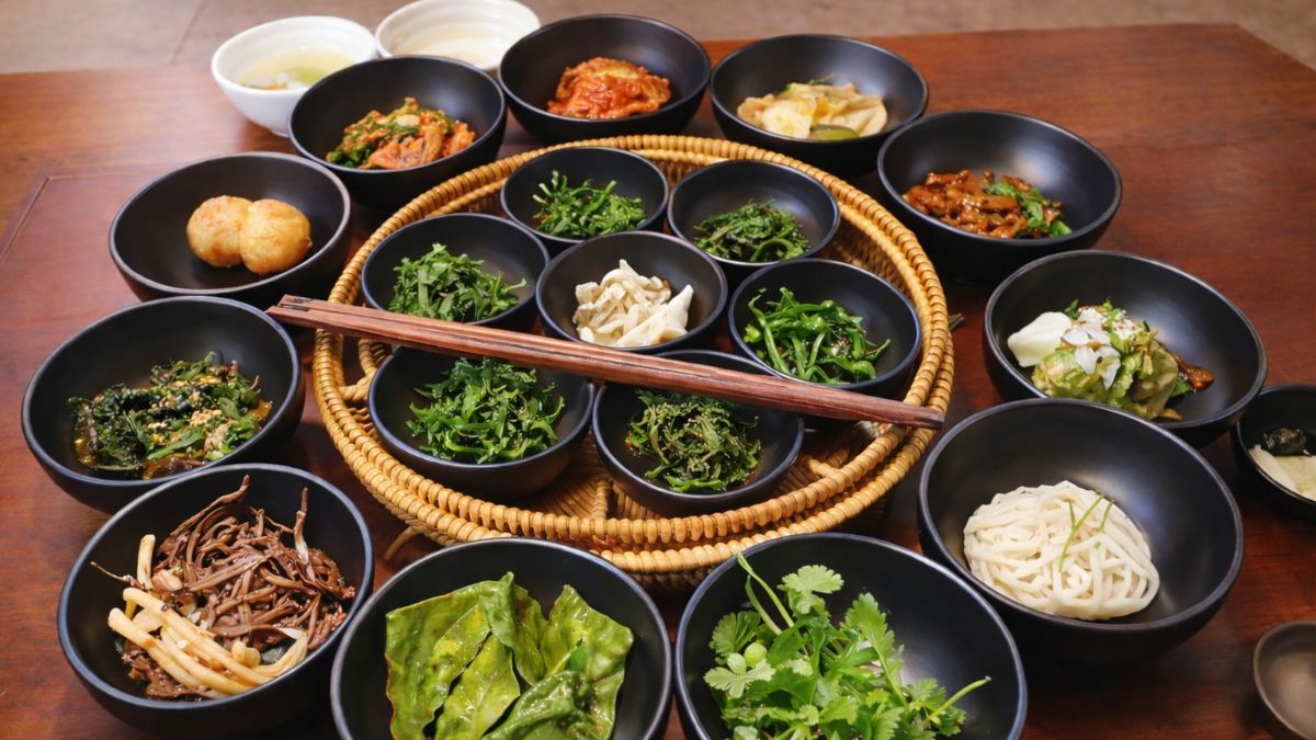 A wide spread of seasonal namul fills black bowls in a circle — the full range of vegetables that move through Korean temple cuisine.