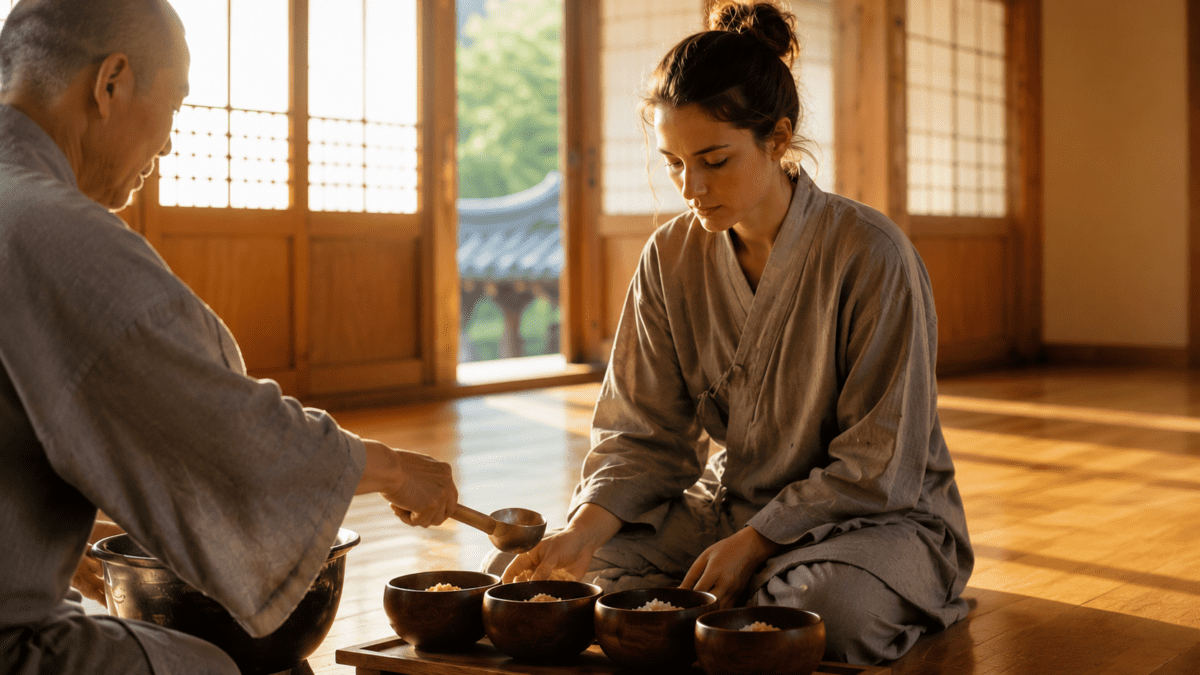 A monk serves rice into wooden bowls before a temple meal, sunlight pouring through the hanok doors — Korean temple cuisine in its quiet daily rhythm.