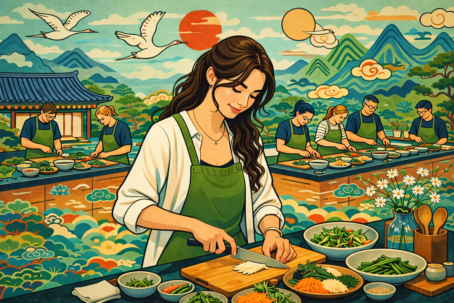 Korean temple cuisine minhwa style illustration cooking class