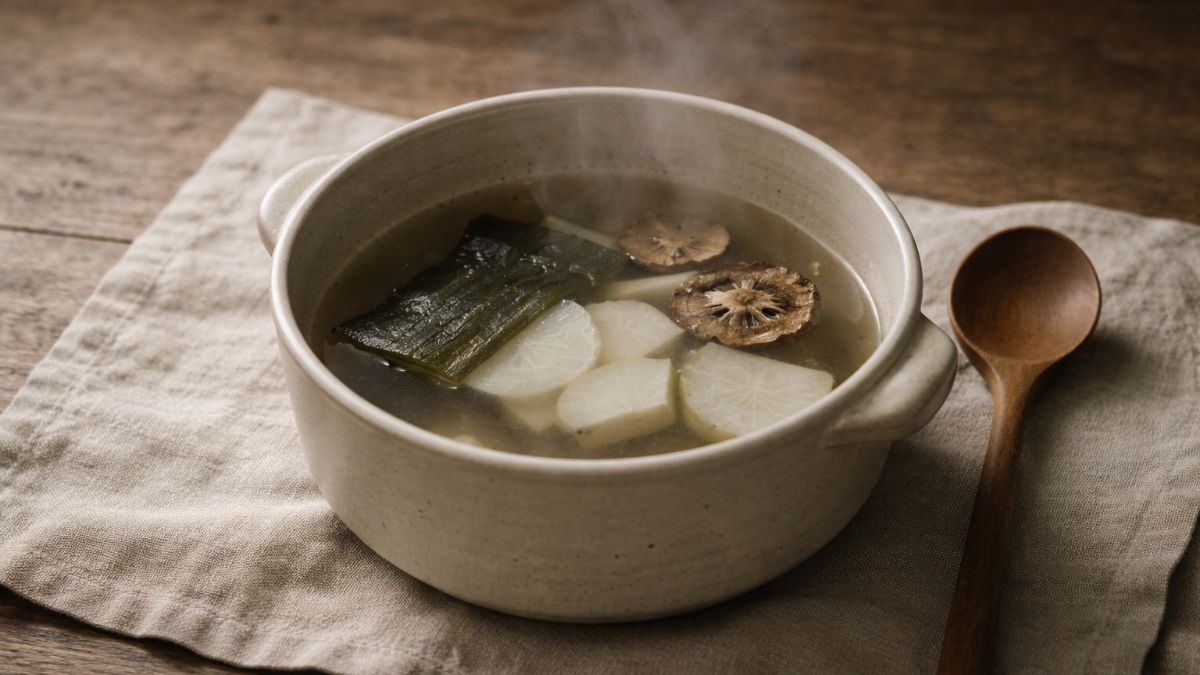 Steam rises from a bowl of mu-guk with kelp, radish, and dried shiitake — the slow, bone-free depth at the heart of Korean temple cuisine.
