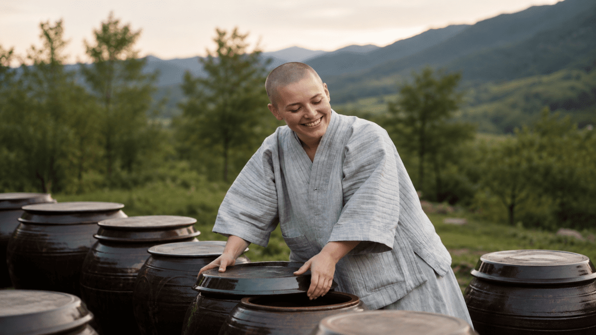 A monk opens an onggi crock on the jangdokdae at dusk, mountains behind her — the slow fermentation that becomes Korean temple food.