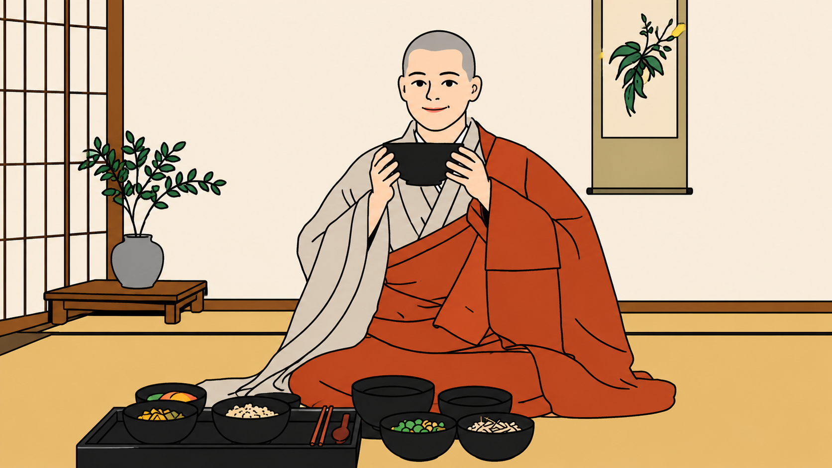A minhwa-style illustration of a monk holding a black bowl before a temple meal — the quiet structure of Korean temple food.