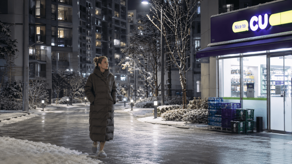 Woman in a long padded coat and bare-feet slippers walking to a convenience store in the snow, Korean winter indoor culture's telltale outfit