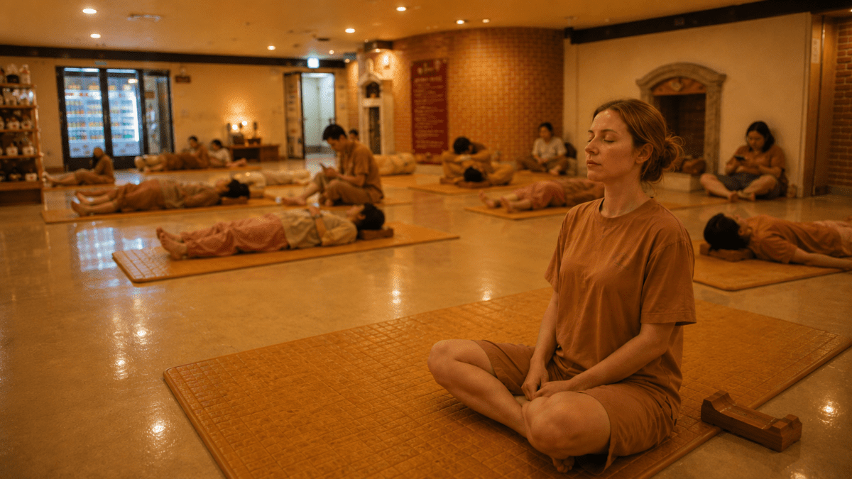 Woman sitting cross-legged on a heated jjimjilbang floor with eyes closed, the communal warmth at the heart of Korean winter indoor culture