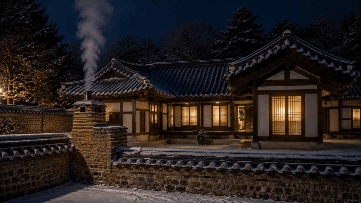 Snow-covered hanok glowing warmly from within at night, smoke rising from the chimney that defines Korean winter indoor culture