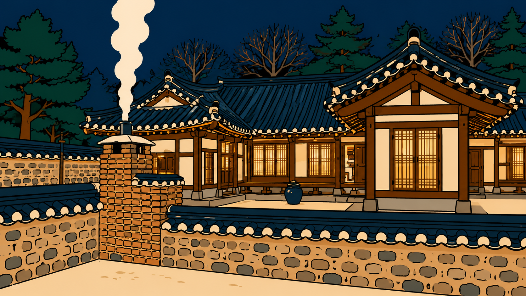 Illustrated snow-covered hanok glowing warmly at night, thumbnail for K-Saju culture series on Korean winter indoor culture