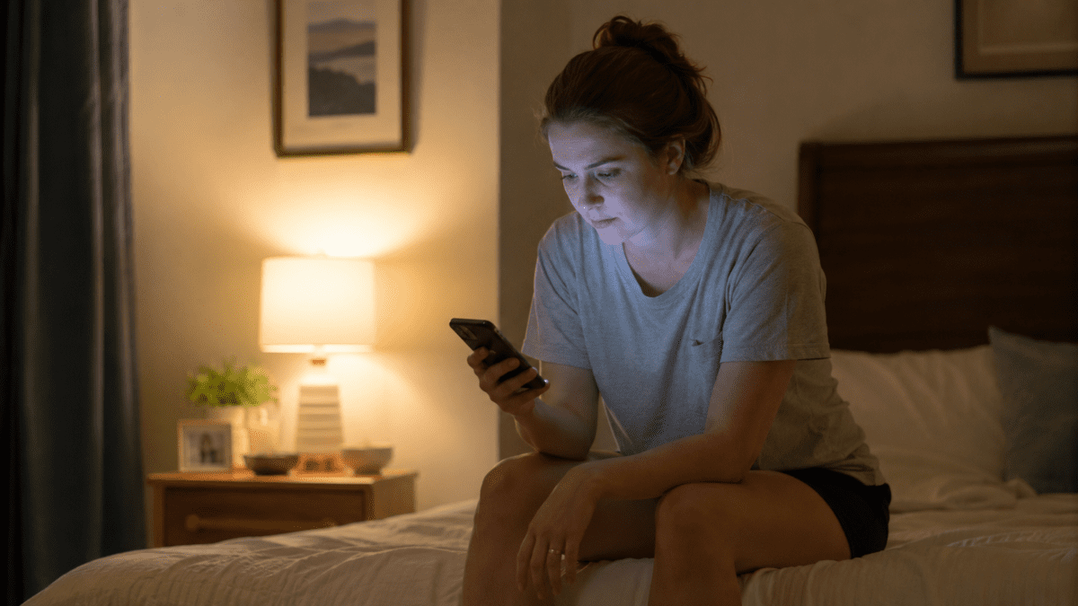last days before payday — woman checking banking app late at night in bed