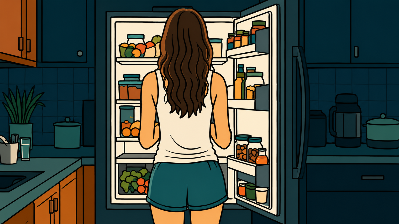 last days before payday — minhwa-style illustration of a woman looking into the fridge at night