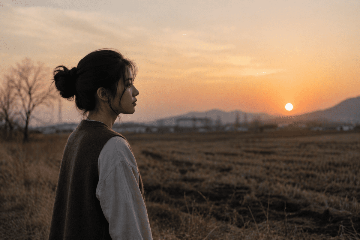 late autumn cycle astrology — a young woman watching the setting sun over an empty harvest field