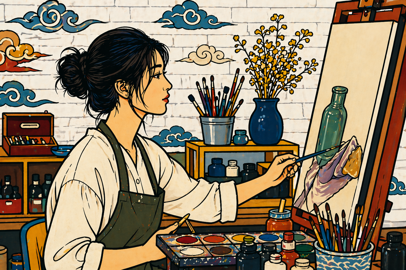 late autumn cycle astrology — minhwa-style illustration of a young woman painting still life in her studio with cloud motifs