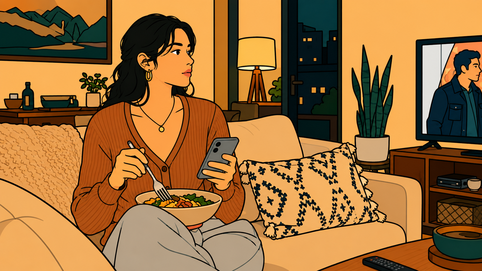 A minhwa-style illustration of a woman eating dinner on the couch, phone in hand — letting go of work stress still out of reach.