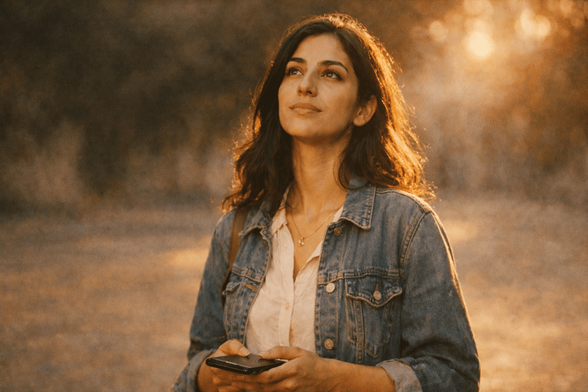 letting go of work stress — woman holding phone looking up at golden hour light