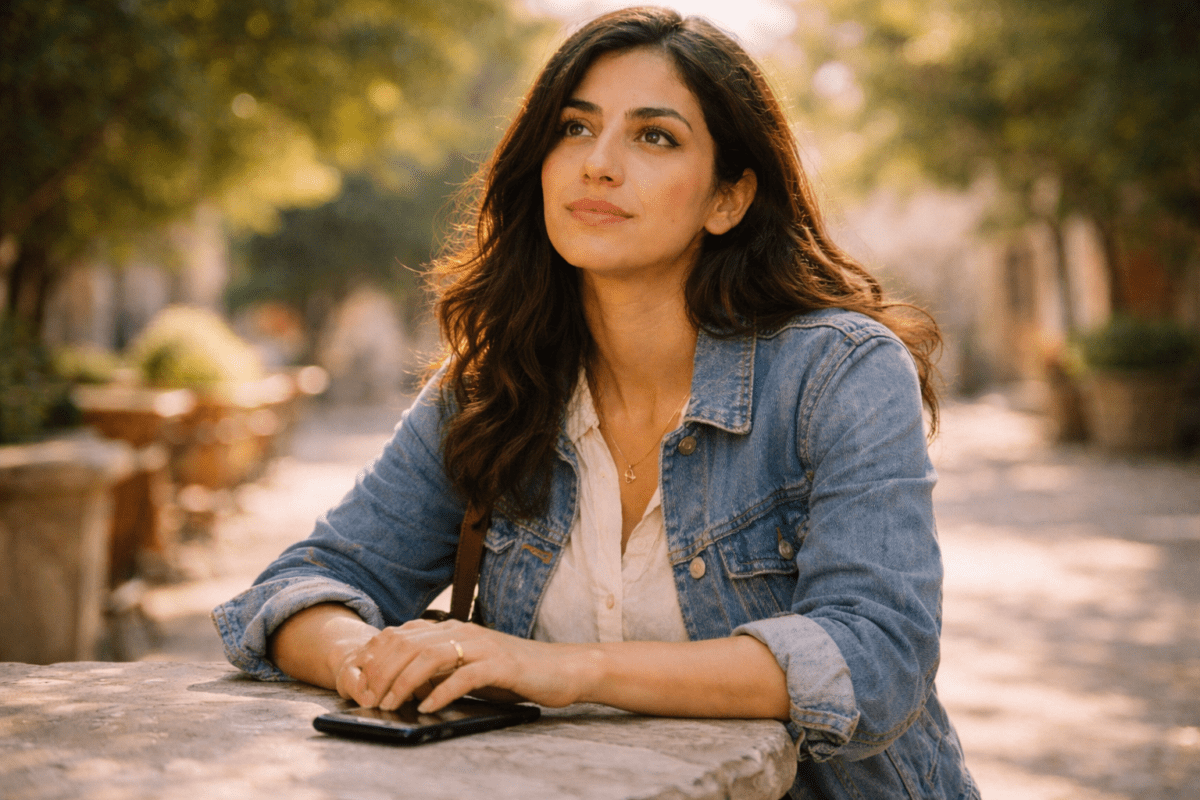 letting go of work stress — woman resting at outdoor wall with phone set down