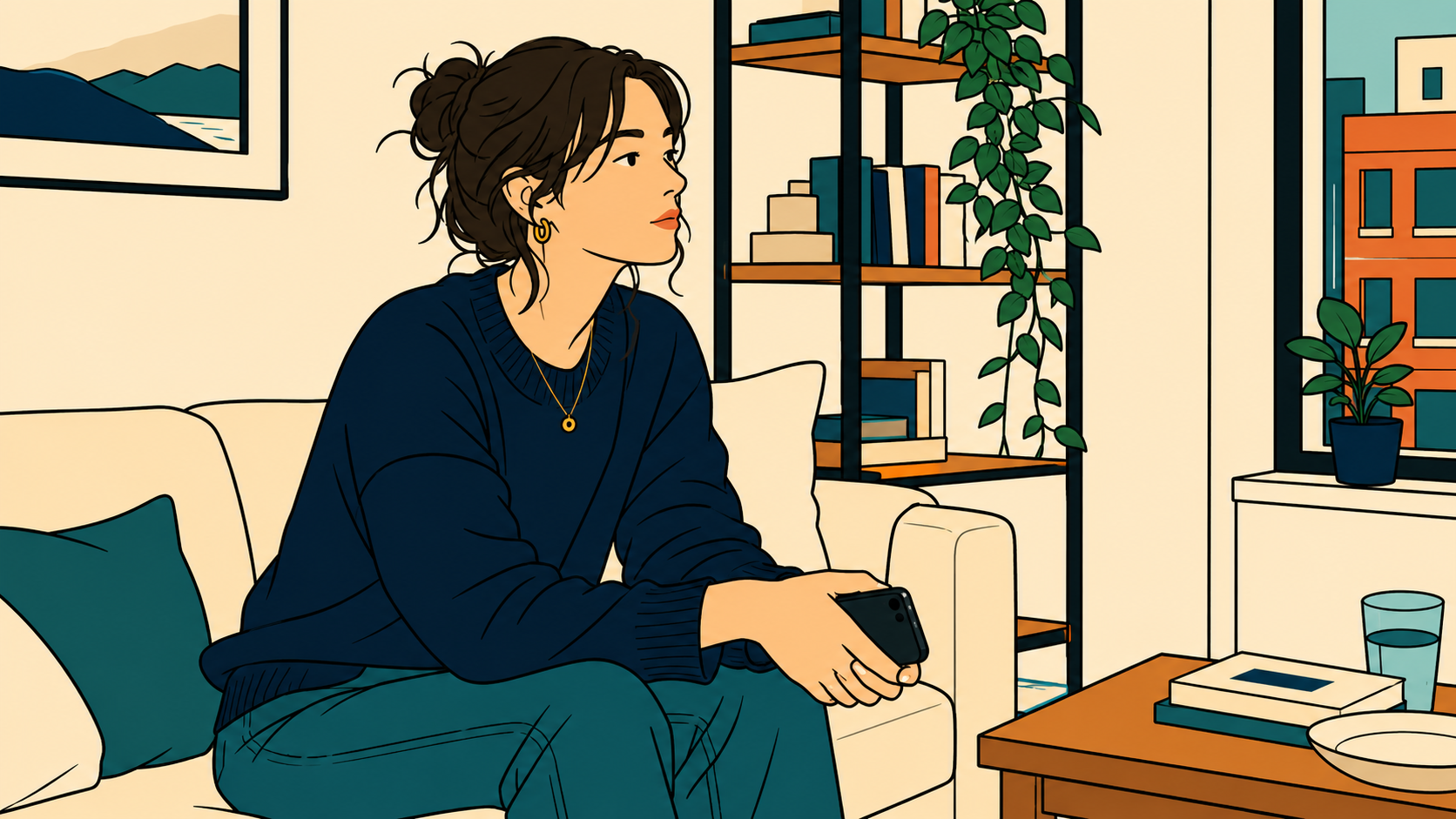 Minhwa-style illustration of a woman sitting on a couch holding her phone, lonely after talking to parents