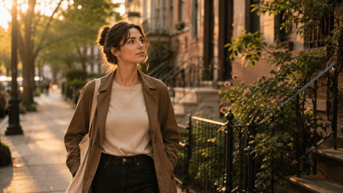 A woman walks an aimless street at golden hour, gaze drifting past the houses — a rare margin where losing yourself in your job briefly loosens its grip.