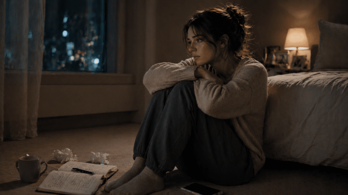 Woman with lost voice — alone on couch late at night with notepad, staring into silence after apologizing for everything, city lights beyond