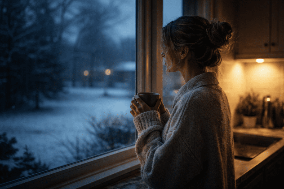 midnight hour meaning in astrology — a young woman at a winter dawn window holding a warm mug