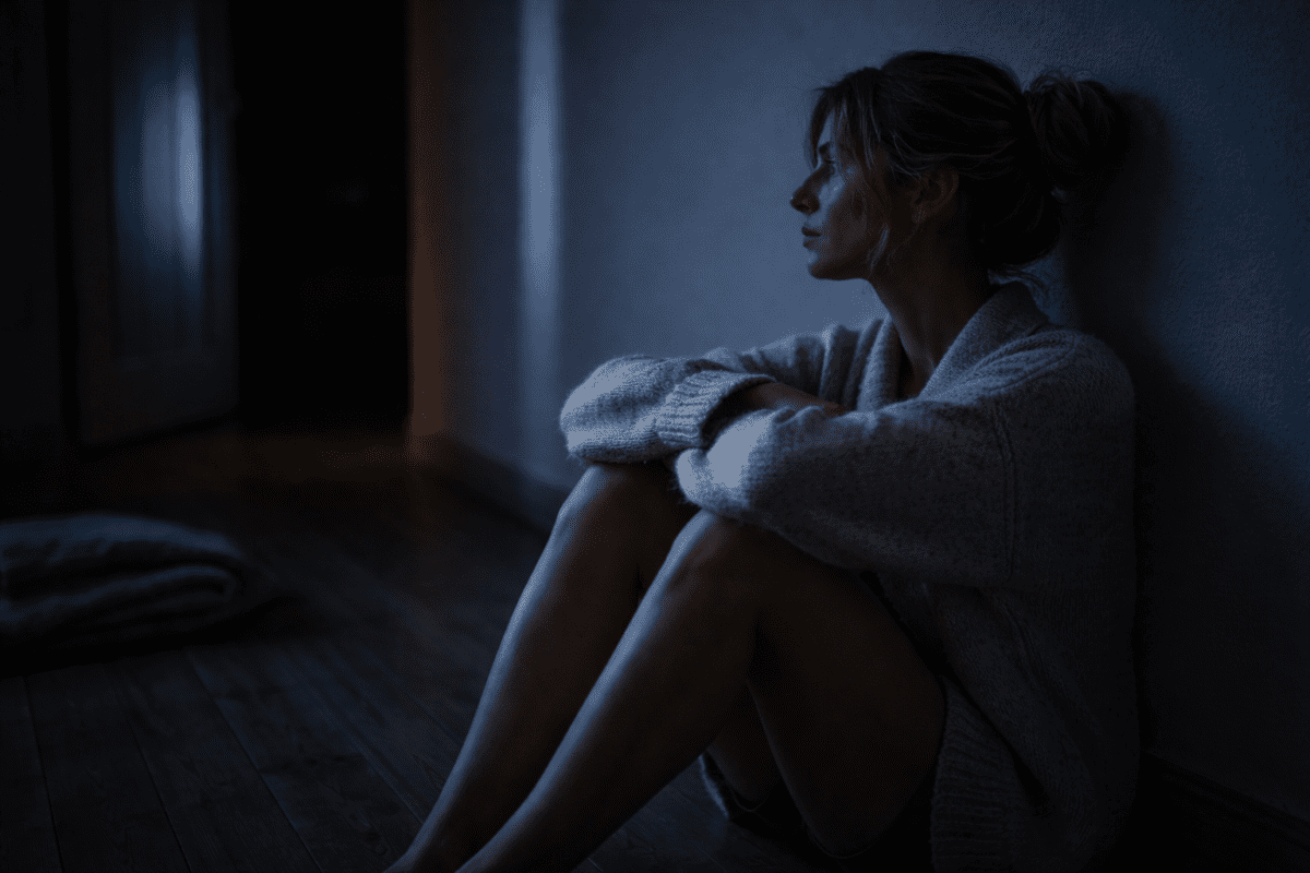 midnight hour meaning in astrology — a young woman sitting alone on the floor of a dim room at night
