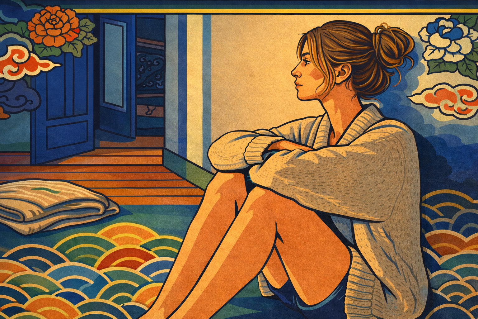midnight hour meaning in astrology — minhwa-style illustration of a young woman sitting alone in a dim room at night