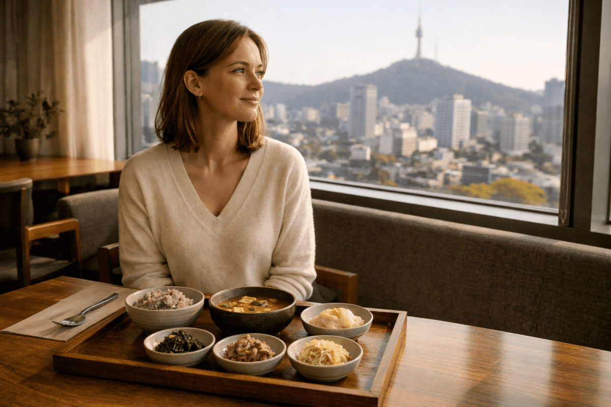 Monk food philosophy Western woman eating Korean temple food restaurant Seoul Namsan Tower view