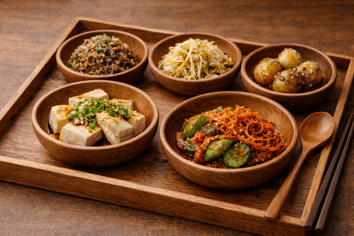 Korean Buddhist food namul tofu wooden tray doenjang seasoned vegetables