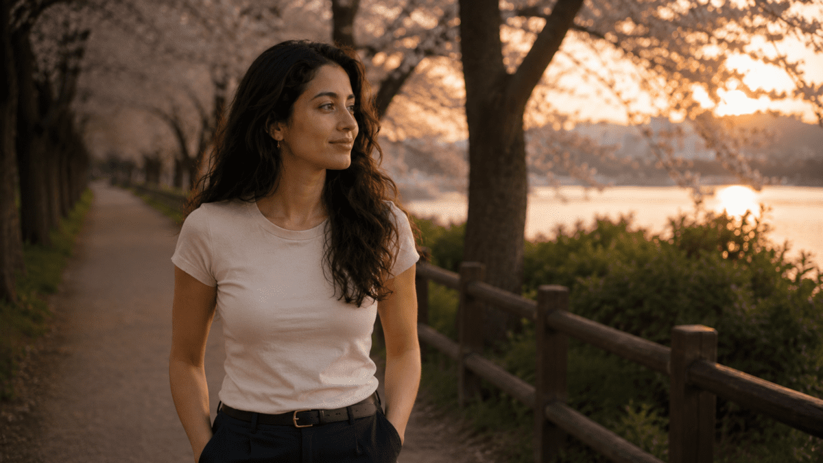 need for belonging — woman walking alone along a quiet path at sunset