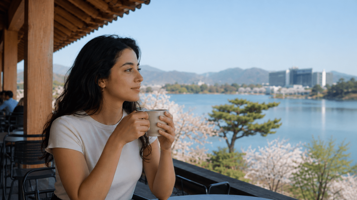 need for belonging — woman holding a cup alone, looking out at a crowded view in the distance