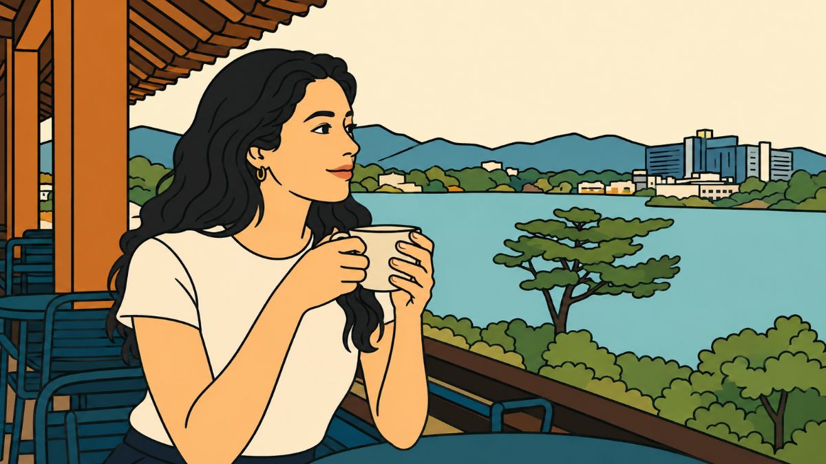need for belonging — minhwa-style illustration of a woman holding a cup alone, looking out over a distant view