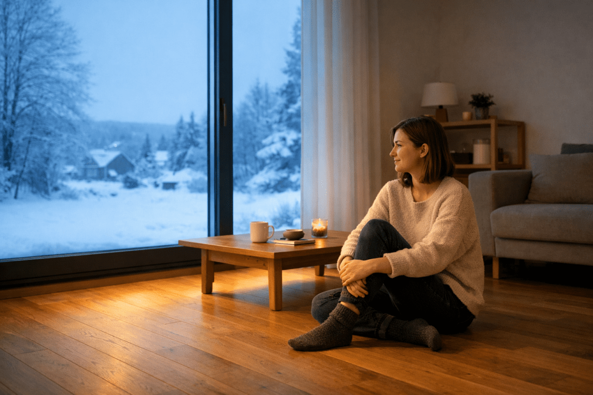 ondol radiant floor heating — woman sitting on warm wooden floor by large window with snowy Nordic landscape outside