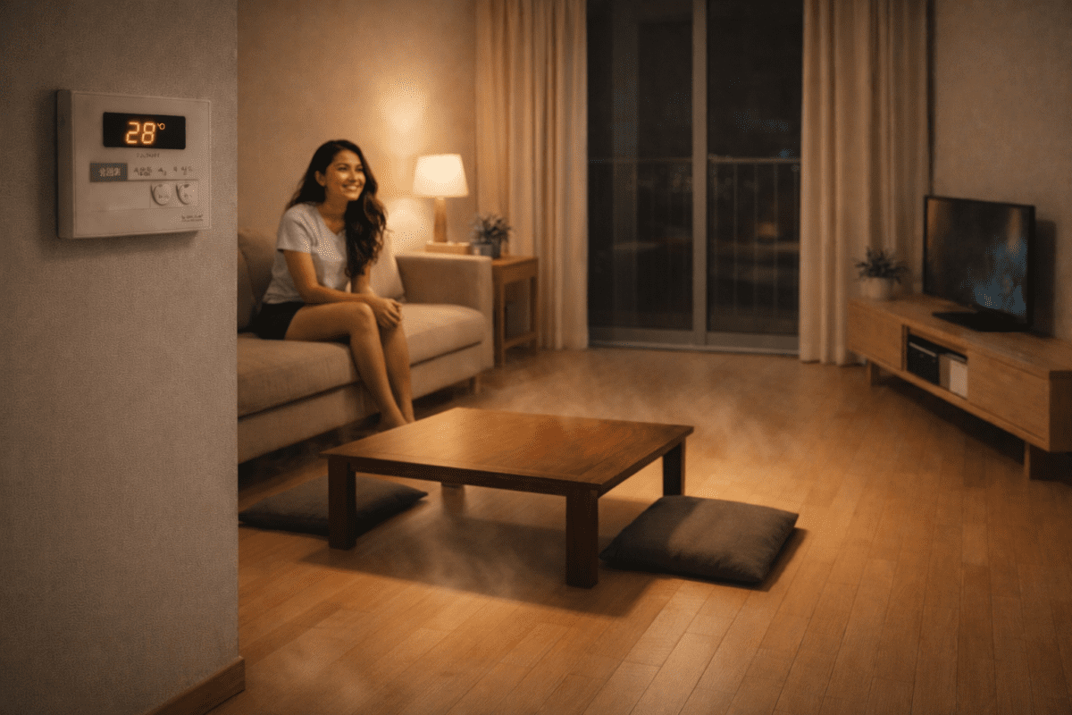 yeontan Korean coal briquette — woman relaxing in warm Korean apartment with ondol boiler panel showing 28 degrees